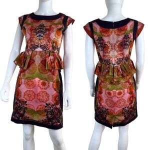 Ashish N Soni Women Size S Pink Purple Peplum Sheath Art Cotton Dress FLAWED